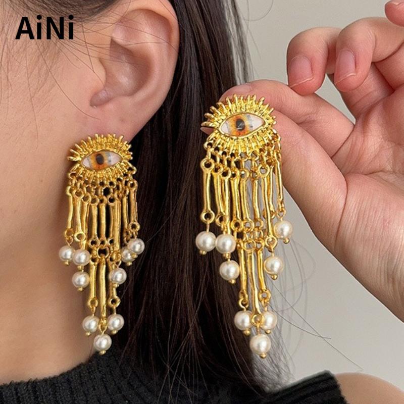 Modern Zircon European and American Design Eye Shape Tassel Earrings For Women Party Gifts Exaggerative Ear Accessories
