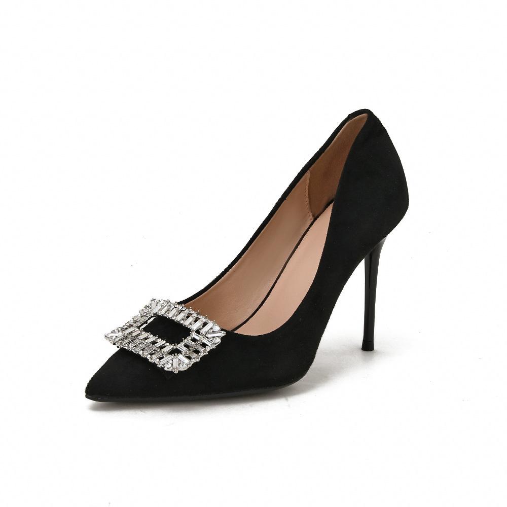 Black Suede High Heels Autumn New Pointed Tip Shallow Mouth Temperament Thin Heel Rhinestone Square Buckle Single Shoes