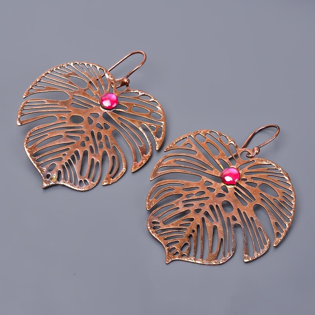 Naturalne Różowe Rubinowe Haczyki Galwanizowane Wiszące Kolczyki Prezent dla Żony Biżuteria Miedź V-49