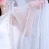 Wedding Bridal Veil Cut Edge Hair Accessories for Bride Single Layer Sheer Tulle 118" Pearls Embellished Chapel Veils