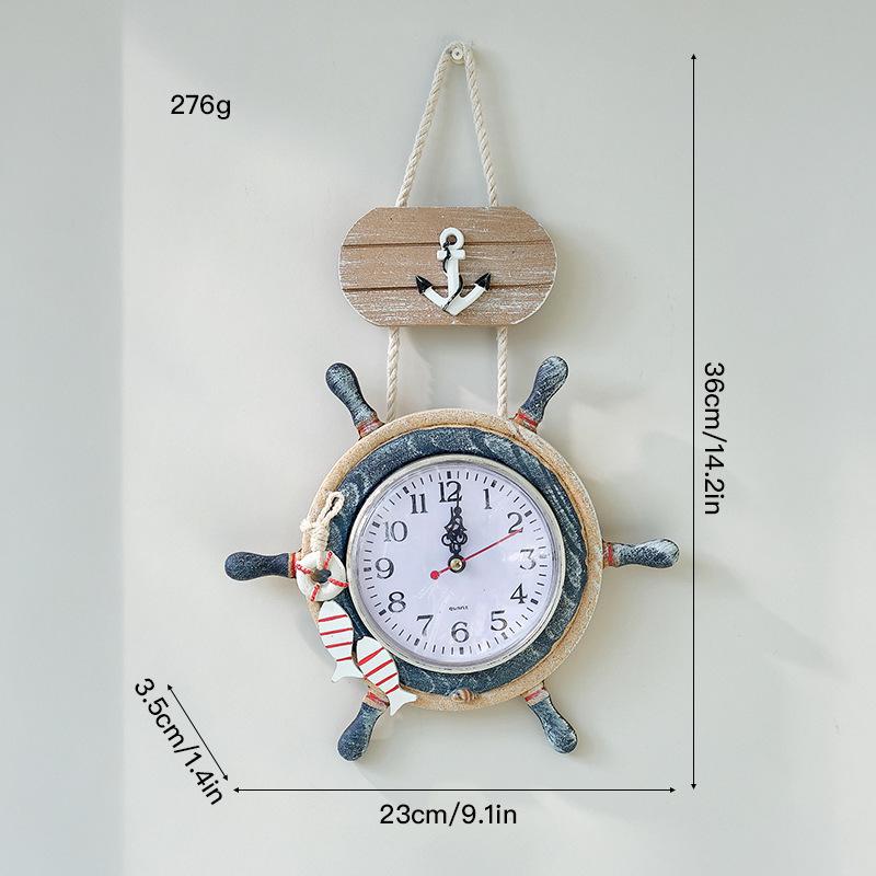 Vintage Mediterranean Ship Wheel Wall Clock - Distressed Wooden Decor for Living Room or Bar