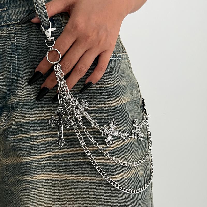 Punk Mehrschichtig Metall Stern Kreuz Anhänger Hosenkette Hip Hop Taille Schlüsselanhänger Jeans Kette Damen Trendiger Schmuck Zubehör Geschenke