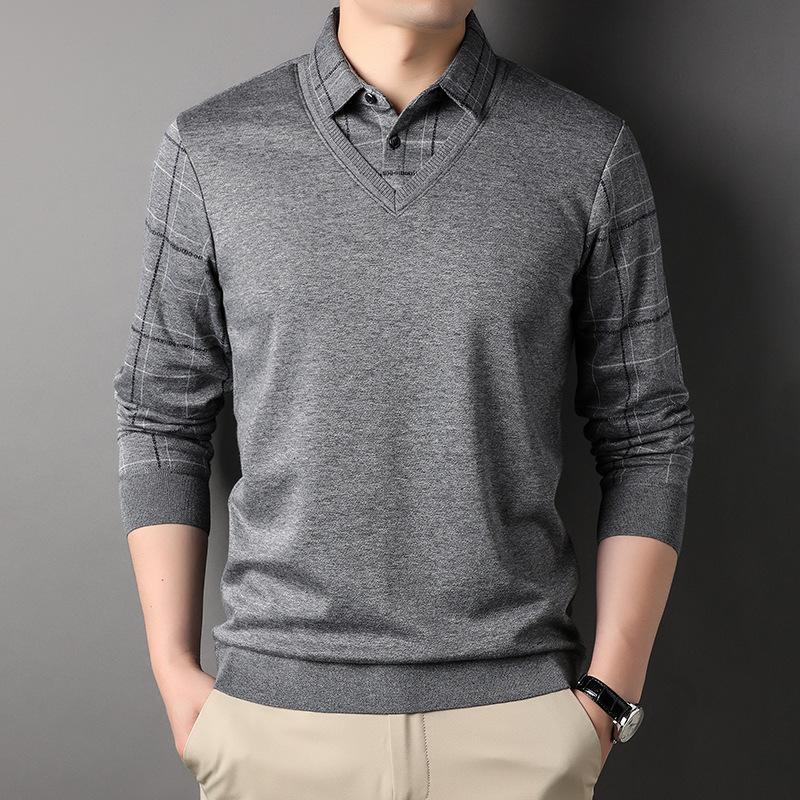 Деловой лацкан модный полосатый вязаный свитер мужской новый поддельный двухсекционный вязаный свитер для молодежи и среднего возраста рубашка с воротником M