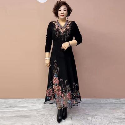 Damen besticktes Übergrößenkleid Herbst/Winter V-Ausschnitt langes A-Linien-Kleid