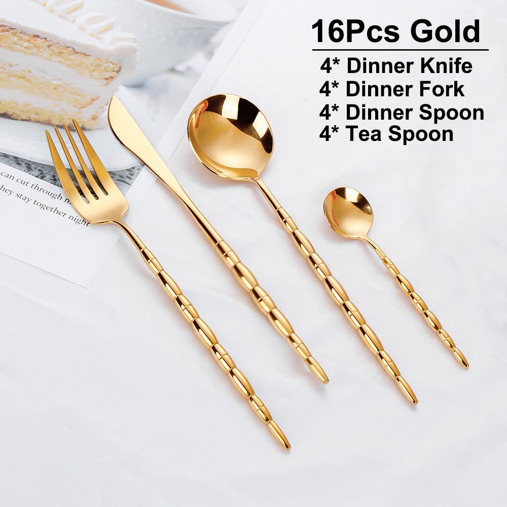 6/16Pcs Gold Tableware Stainless Steel 304 Cutlery Elegant Dinner Set Western Knife Fork Spoon Bead Shaped Handle Flatware