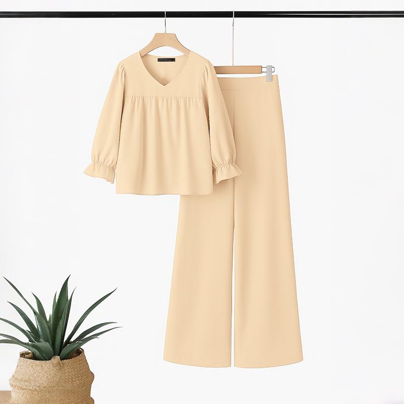 

Жіноча блузка з рукавом 3/4 і штани ZANZEA повсякденний костюм-двійка 5XL абрикосовий