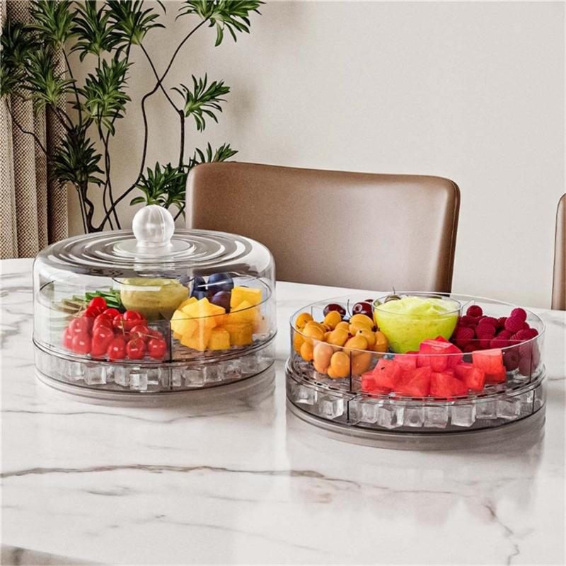 Clear 4 Section Rotating Cold Storage Tray for Parties Snacks Veggies Ideal for Outdoor Gatherings Barbecues Storage