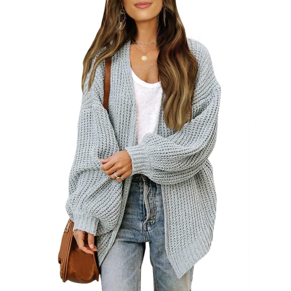 Women's Chunky Knit Cardigan with Lantern Sleeves - Cozy Autumn & Winter Boutique Style