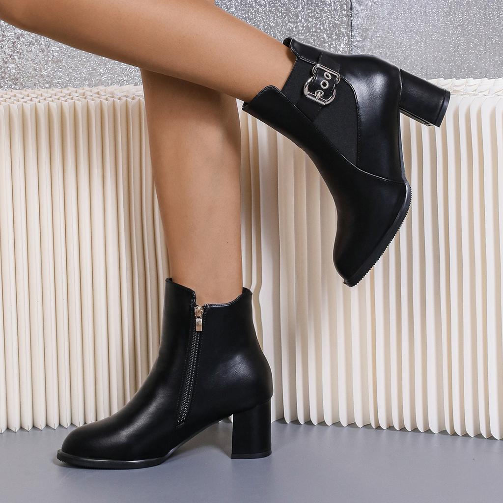 Fashion 2024 Women Zip Metal Decoration Boots Women Square Heel Solid Warm Pointed Toe Fashion Boots Women Platform Comfortable Boots