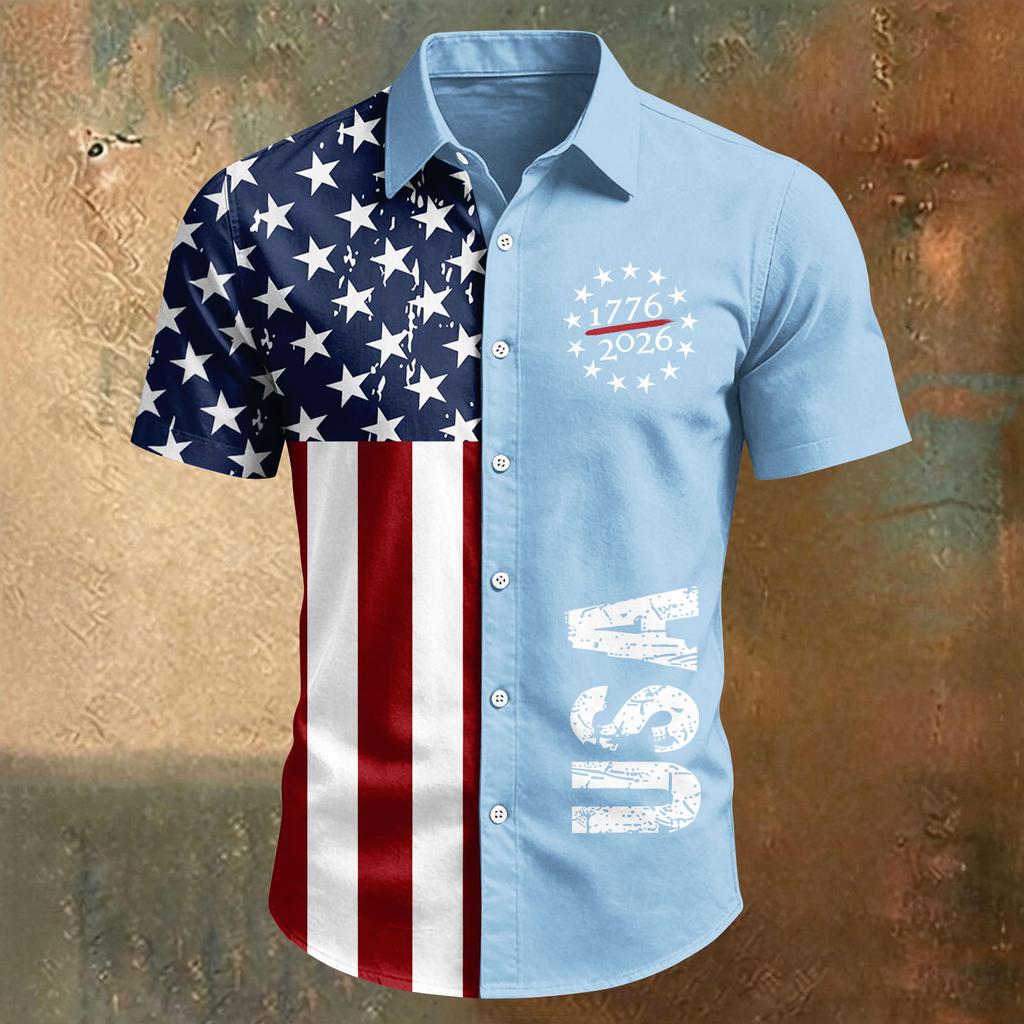 Camisa de manga corta casual deportiva para hombre con estampado del Día de la Independencia y cuello