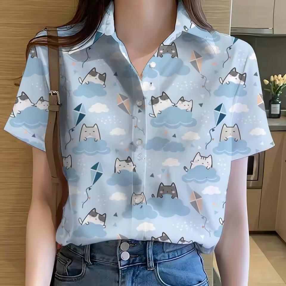 New Spring Wome Blouses Fashion Abstract 3D Marble Printed Shirts Casual Button Short Sleeve Loose Shirt Elegant Summer Top