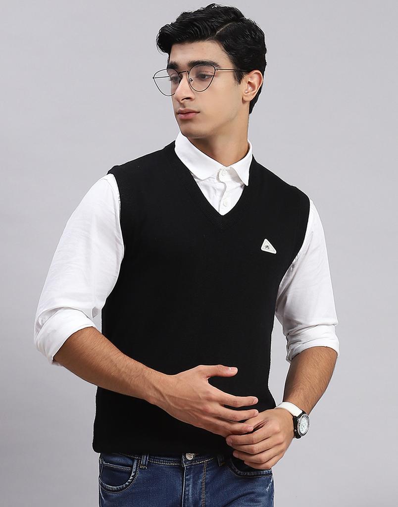 Monte Carlo Mens Black Solid V Neck Sweater
