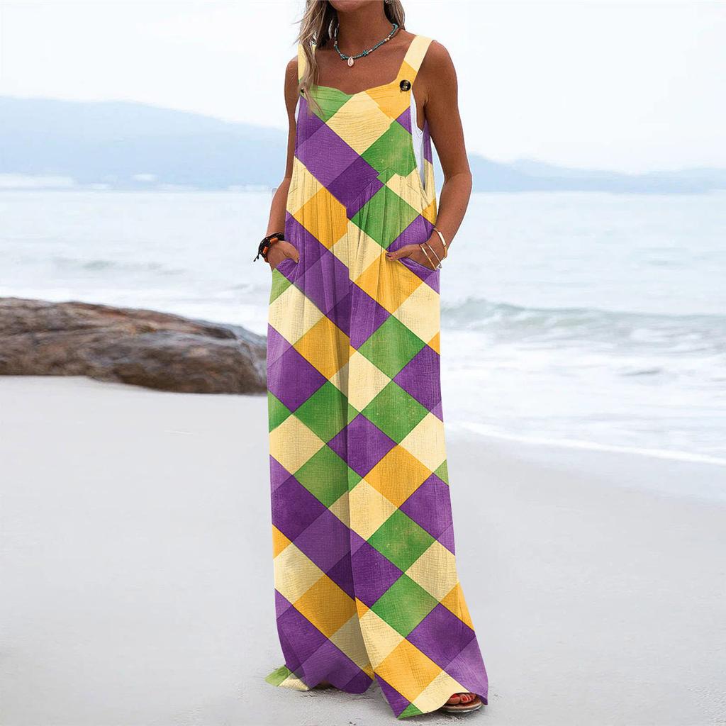 Wide Leg Overalls For Women Casual Loose Sleeveless Print Button Long Pant Romper Jumpsuit With Pockets