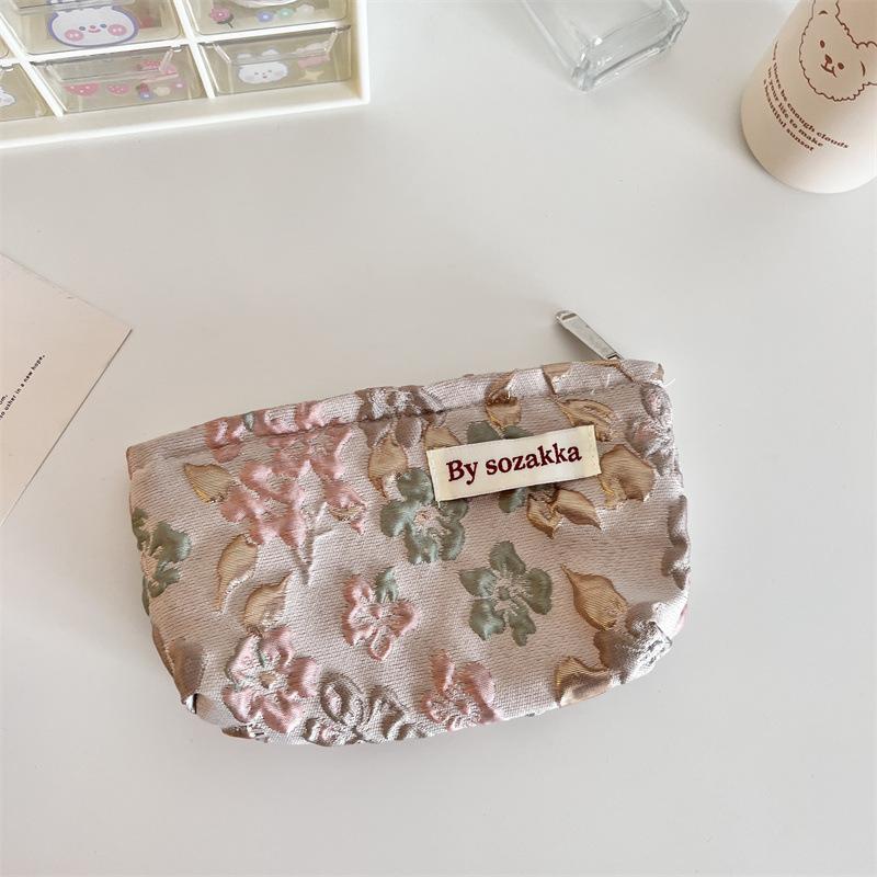 French Embossed Flowers Travel Cosmetic Storage Bag Wallet Cute Women Makeup Kits Handbags Phone Pencil Case Organizer Pouch Bag