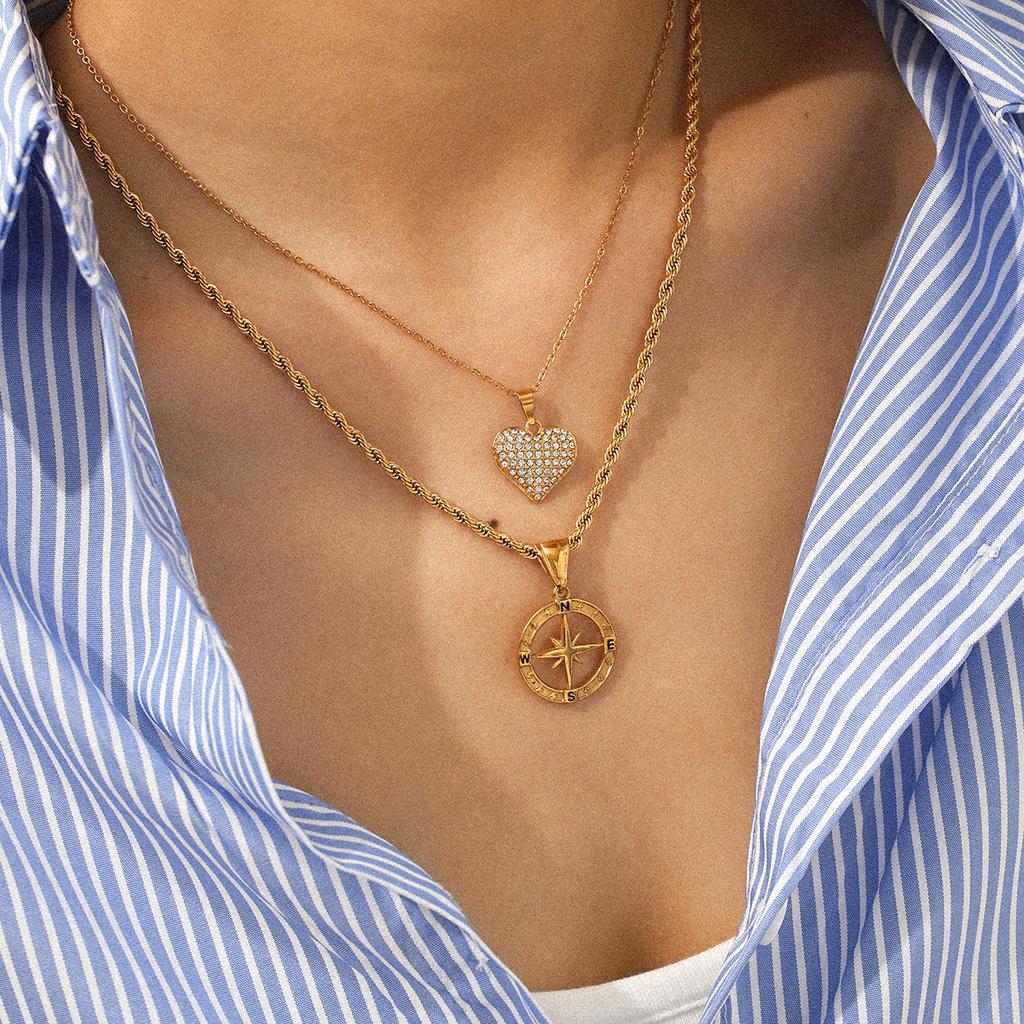 Stainless Steel Sun Heart Pendant Necklace with Diamond Inlay, White Shell Titanium Steel Necklace, Light Luxury Niche Jewelry