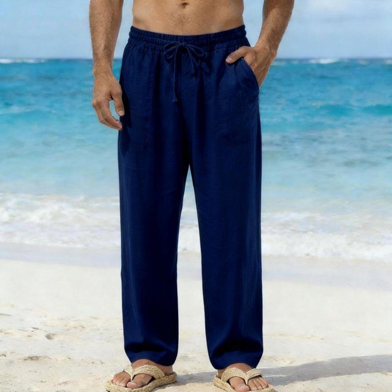 Mens Linen Drawstring Casual Straight Pants