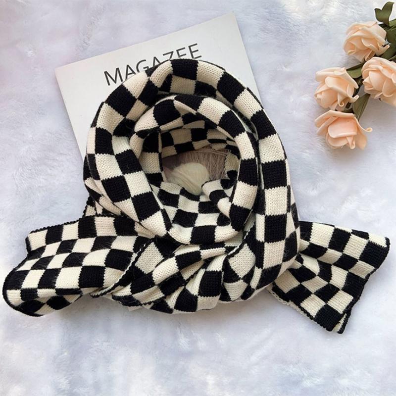 

Чорно-білий шарф у клітку. Зимовий корейський студентський універсальний теплий в’язаний шарф