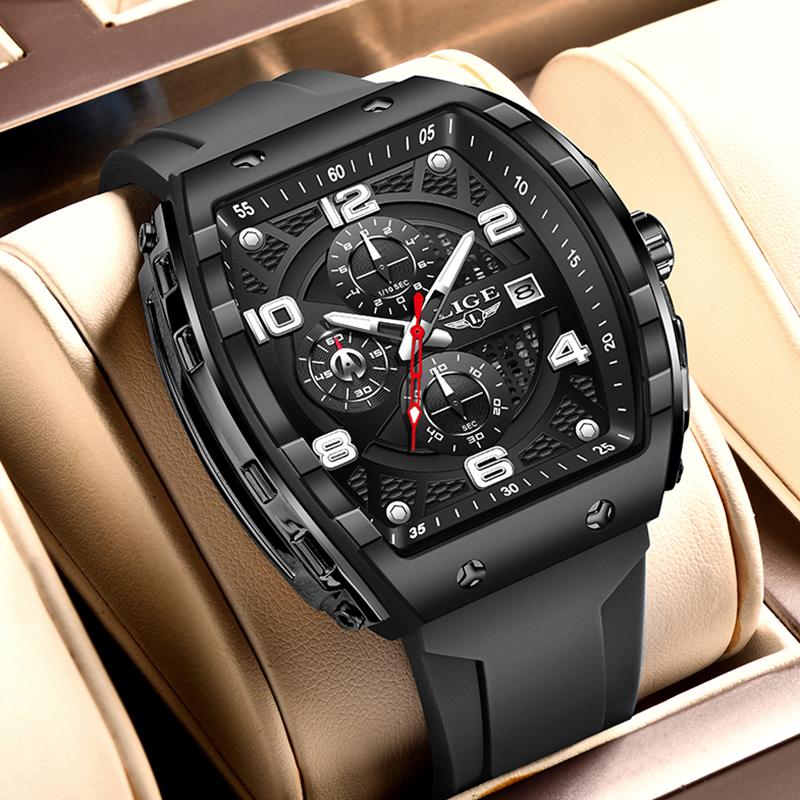 Fashion Red Silicone Watch Men Outdoor Sports Waterproof Men's Quartz Wristwatch Top Brand Luxury Square Quartz Chronograph