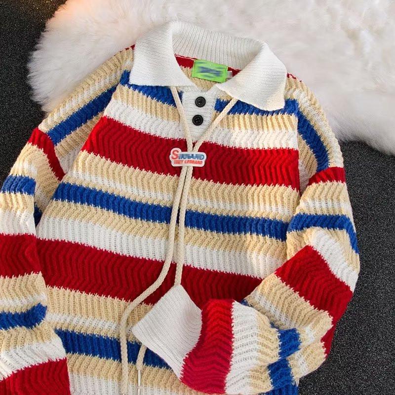 2023 Fashion Rainbow Striped Collar Knit Sweater - Casual, Versatile, Loose Fit for Couples, Perfect for Spring and Autumn.
