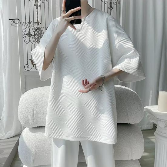 Camiseta de verano para hombre, cuello redondo, holgada, de largo medio, de color liso, con textura de gofre, talla grande, media manga, estilo japonés, ropa de calle para exteriores