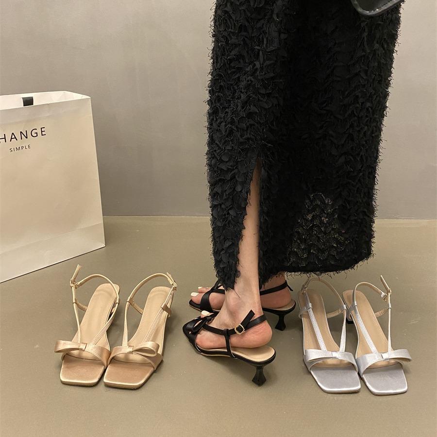 2025 Spring and Autumn New French Design Sense Niche Fairy Style Bow Open Toe Word with High Heel Sandals