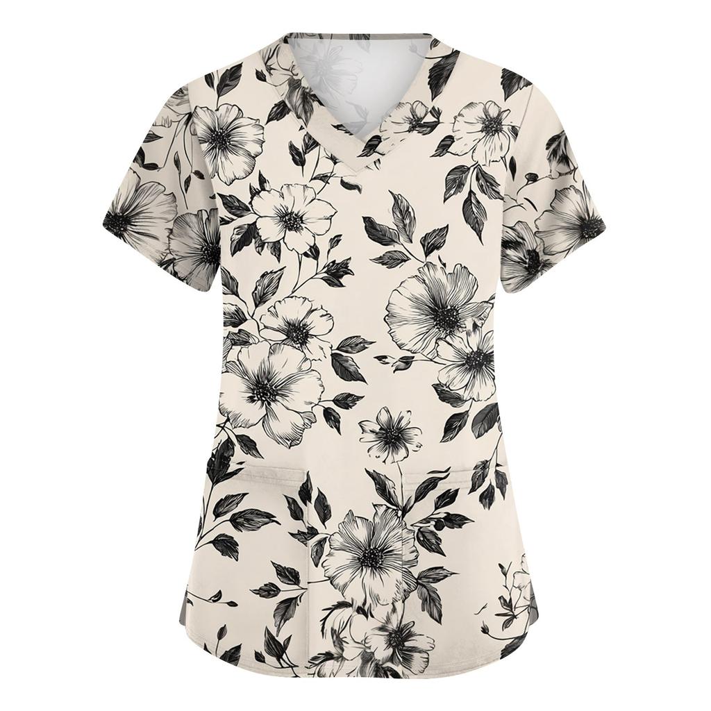 Women's Fashionable V,neck Short,Sleeved Work Top With Double Side Slits And Pockets, Featuring A Retro Floral Print.