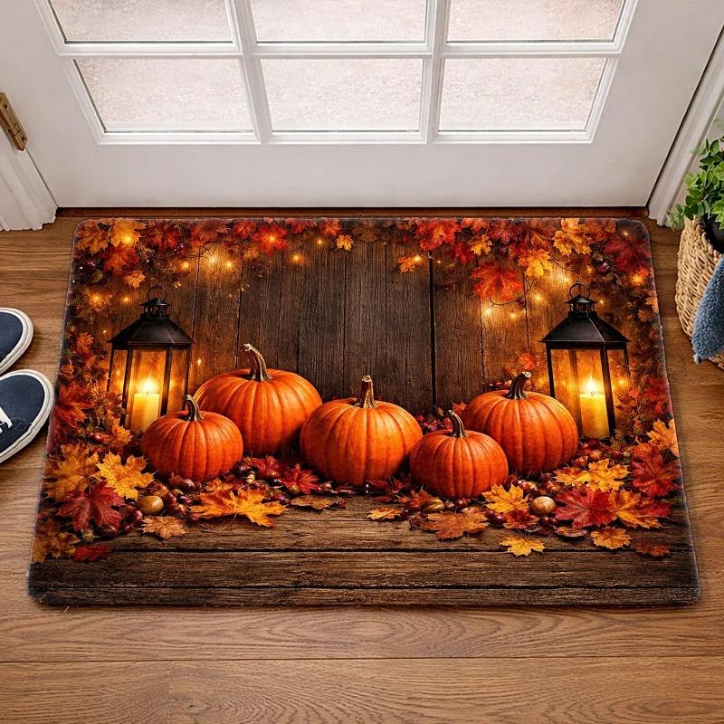 Fall Harvest Pumpkin Doormat Rustic Lantern Candle Maple Leaf String Light Print Floor Mat Autumn Rug for Indoor Entrance Decor