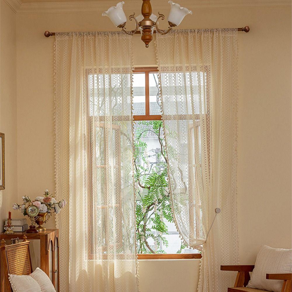 Boho Style Voile Tulle Curtains 140m Tassels Curtain Lace Window Screening Home Decor