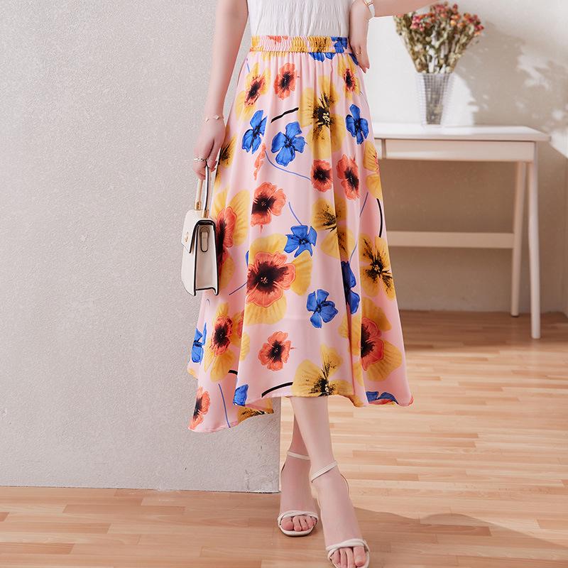 Damen Chiffon Blumen A-Linien Rock - Stilvoller Sommer Elastischer Bund Überwurf