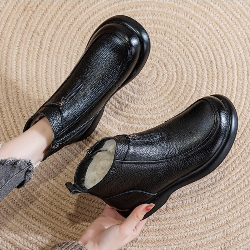 Leather Cotton Shoes Women's Winter Flat Wool Bootie Women's Velvet Warm Boots Soft-soled Non-slip Middle-aged and Elderly Ankle