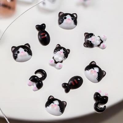 10 st Svartvita Kattnageltillbehör Tecknad 3D Söt Kattstjärt Liten Fisk Harts Nageldekoration Manikyrtillbehör Smycken Diy