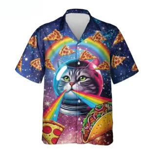 Men s Hawaiian Beach Shirt, Printed Funny Cat T-Shirt Button-Up Holiday Shirt Streetwear XXS
