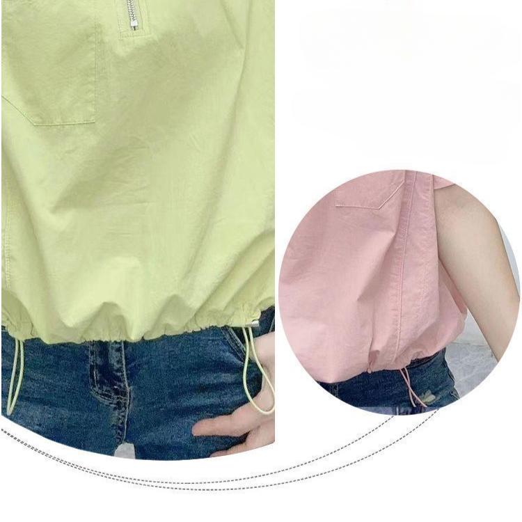 Loose Fit Lightweight Short Sleeve Shirt with Zipper Collar Summer  Blouse Tops