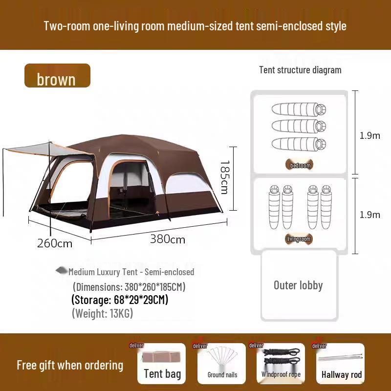 Outdoor Camping Tent: Large, Portable, Sun-Protected, Rainproof, 2 Rooms + Living Area, Fits 8-12 People