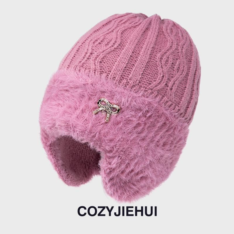 New Winter Knitted Hat Women's Fleece Thickened Autumn and Winter Wool Hat Mother Warm Ear Protection Hat Riding Windproof