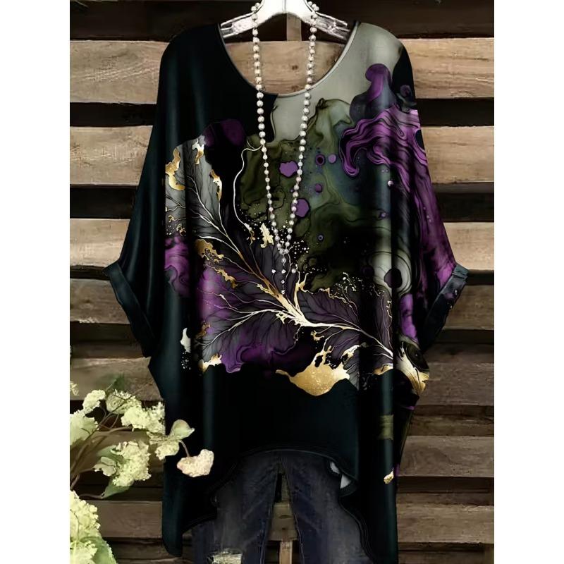 Bohemian Chic Women's T-Shirt Vintage Floral Graphic O-Neck Pullover Short Sleeve Tees Oversized Irregular Hemline  Clothes