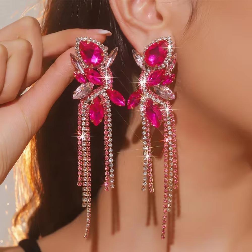 Rose Pink Crystal Earrings Black Water Drop Earrings Jewelry Long Tassel Earring  Weddings