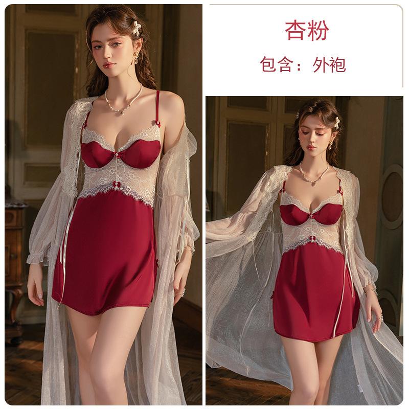 Women's Satin Lace Sheer Low Cut Push Up Padded Sleep Dress with Robe Lounge Set