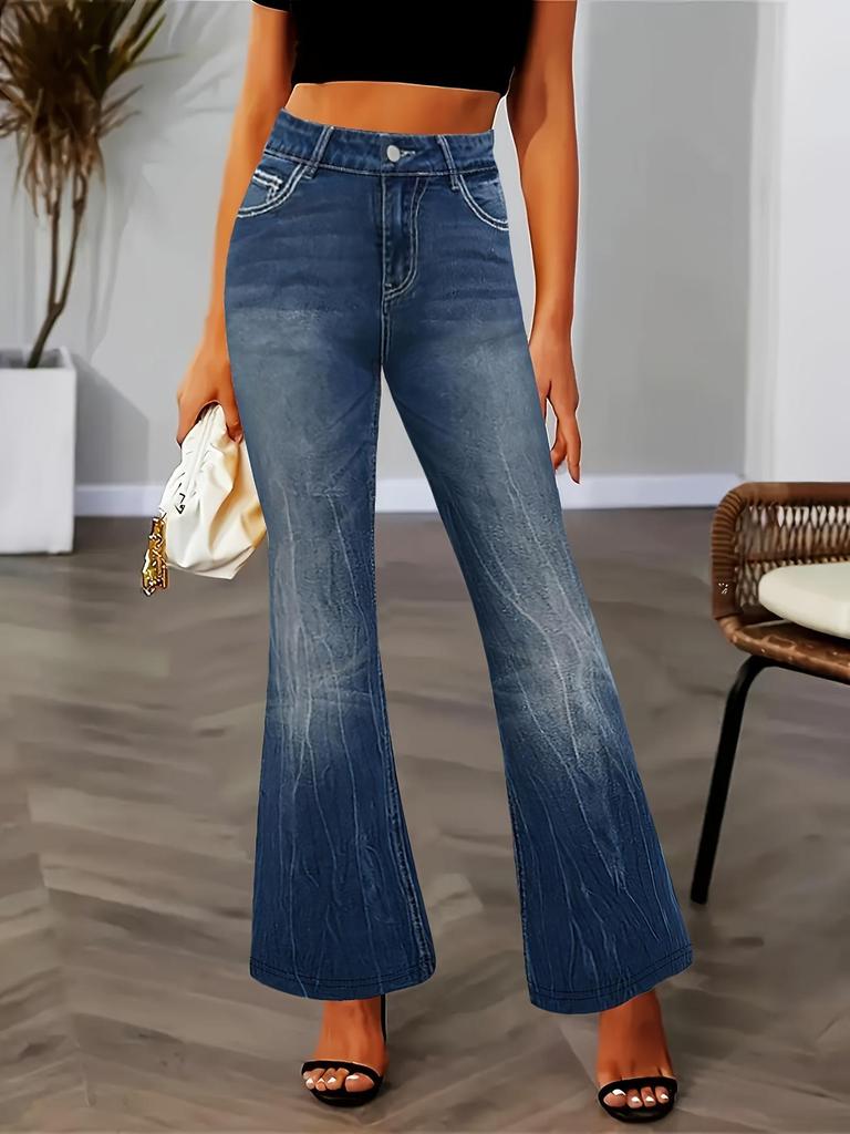 Jeans da donna slim micro-svasati con tasche ricamate e lavaggio scuro