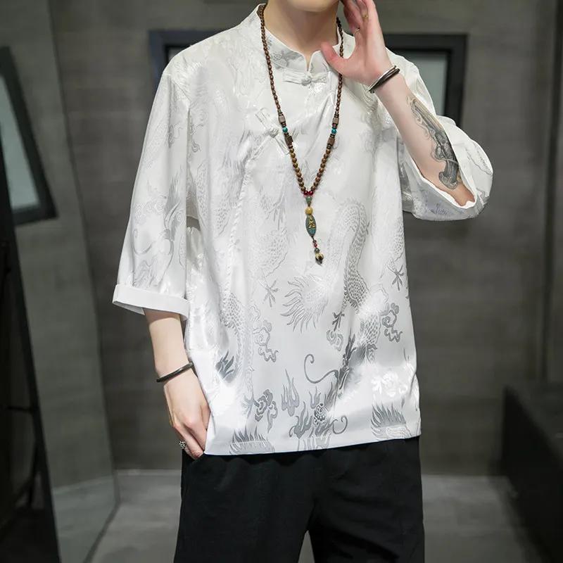 2026 Summer Men Thin Ice Silk Shirt Men Breathable Dragon Pattern Jacquard Shirt Male Stand Collar Button Seven-Half Sleeve T-Shirt Men Pullover