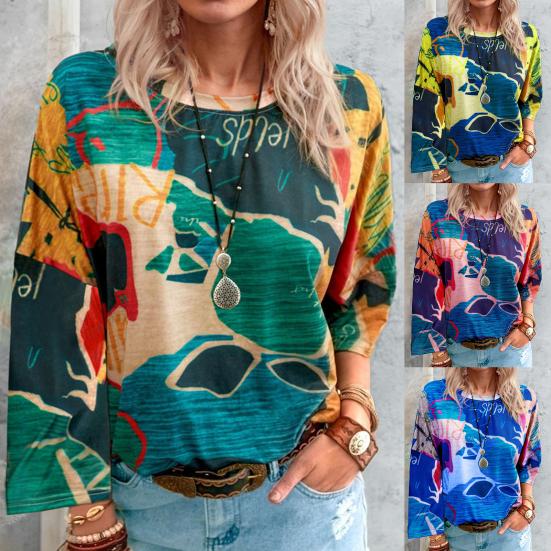 

Женская футболка с принтом карты, универсальная осенняя футболка в этническом стиле с круглым вырезом