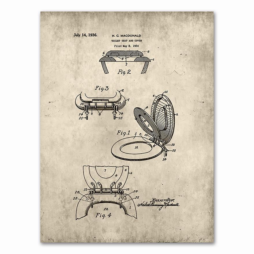Bathroom Patent Vintage S Prints ,Toilet Roll,Cistern,Lavatory Design,Loo Canvas Painting Blueprints Home Wall Art Decor
