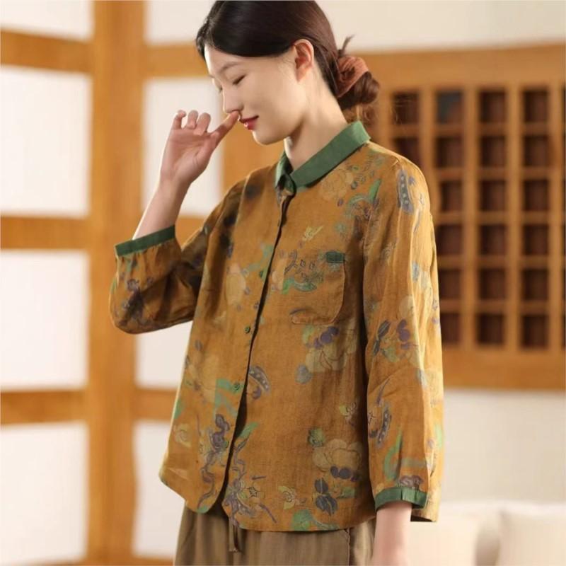 Johnature Camicie da donna stile cinese con stampa floreale, bottoni, top primaverili, colletto rovesciato, maniche lunghe, camicie a bottoni