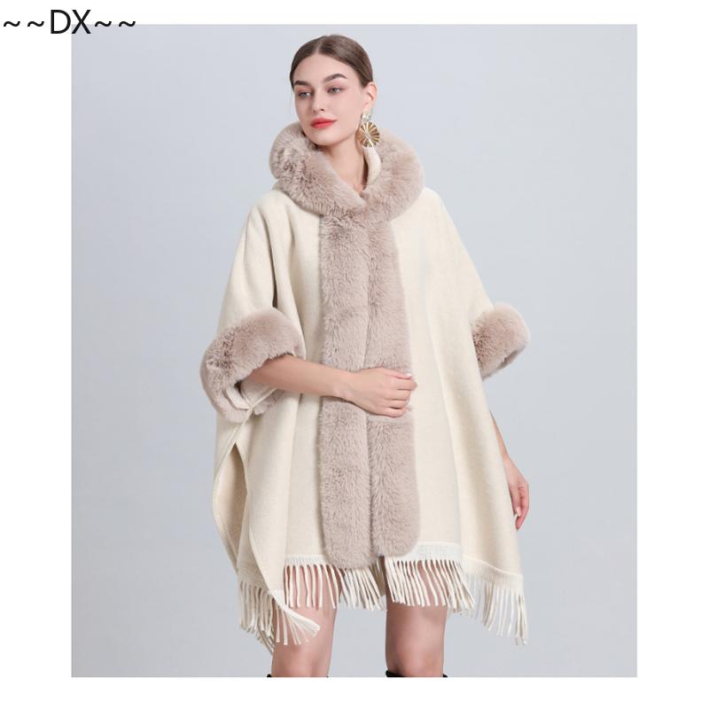 Новая накидка-шаль спицами из снежинок и флиса с толстым меховым воротником. One size — фото 14