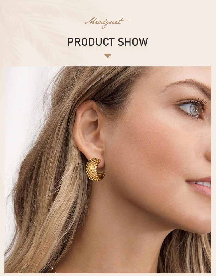 Chunky Textured C Hoop Earrings Stainless Steel 18K PVD Gold Plated Waterproof Tarnish Free Minimalist Geometric Party Jewelry