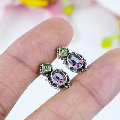 Natural Mystic Topaz, Peridot 925 Solid Sterling Silver Tops Earring .75" n7H75