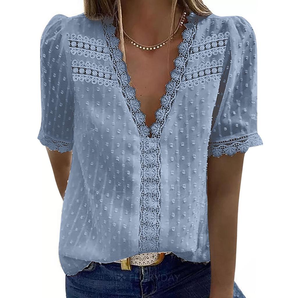 New Women's Lace Jacquard V-Neck Short Sleeve Casual T-Shirt