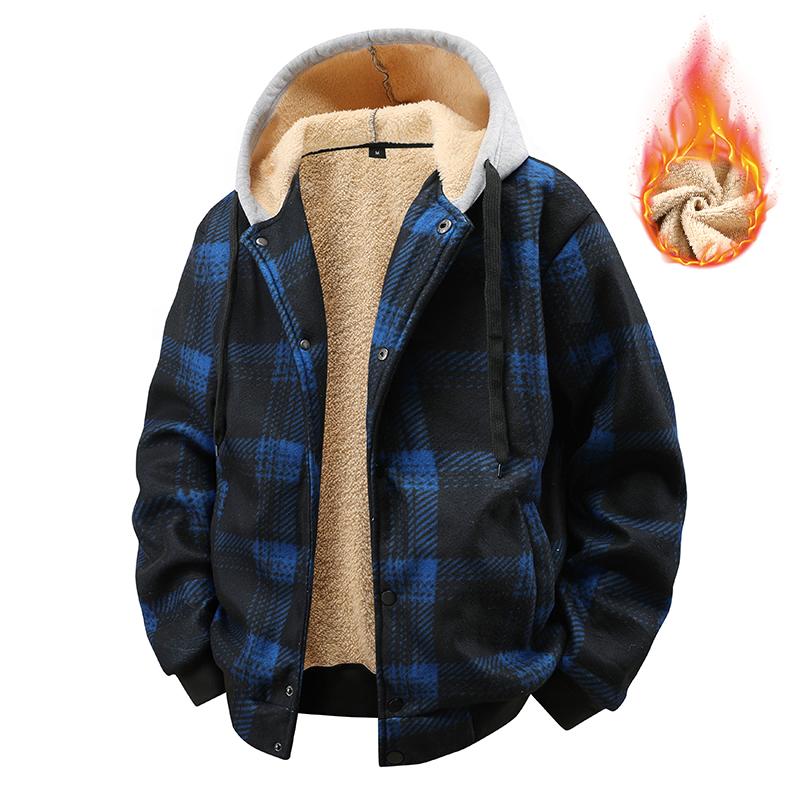 

Loose Fit Hooded and Plush Thick Plaid Sports and Leisure Outdoor Men s Jacket XXL