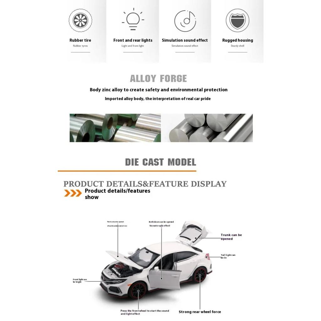 1/32 Scale Honda Civic Type-R Super Car Alloy Diecast Metal Model Sound Light Pull Back Toy Collect Display Birthday Present for Kids