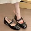 French Bow Square Head Mary Jane Shoes Women's 2025 Spring New with Skirt Evening Single Shoes Thick Heel Small Leather Shoes